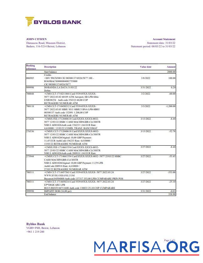Downloadable Lebanon Byblos bank statement excel real example